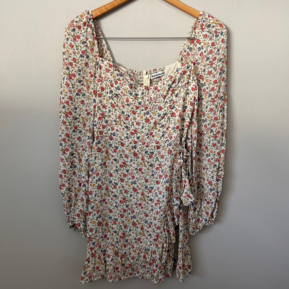 Reformation Mini Dress Womens 2 Cream Floral Smocked Ruffle Cottagecore Boho